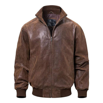 Brown Casual Leather Bomber Jacket