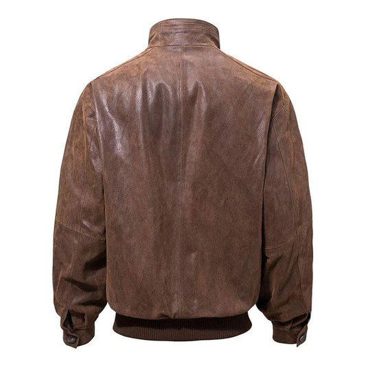 Brown Casual Leather Bomber Jacket