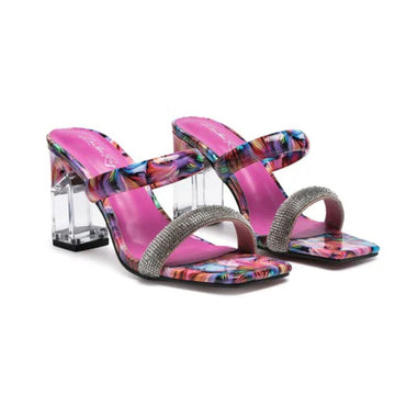 KRYPTON Clear Block Heeled Marble Print Slides