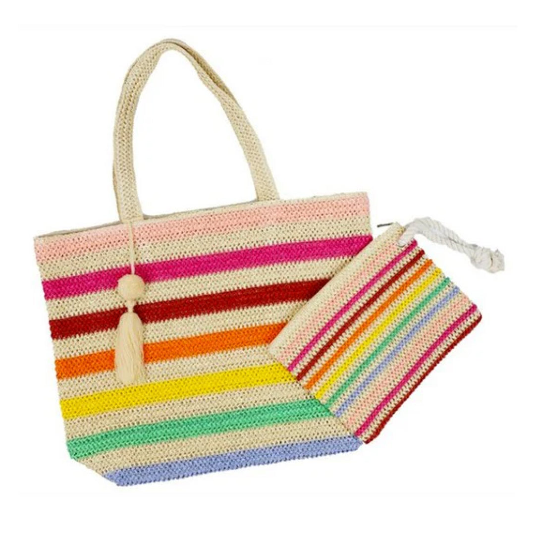 Rainbow Stripe Faux Straw Tote Bag Set