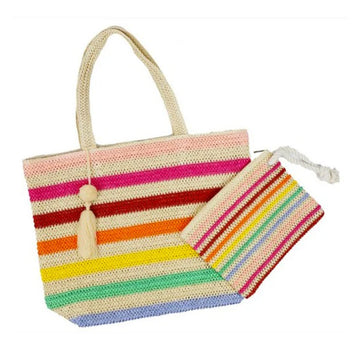 Rainbow Stripe Faux Straw Tote Bag Set